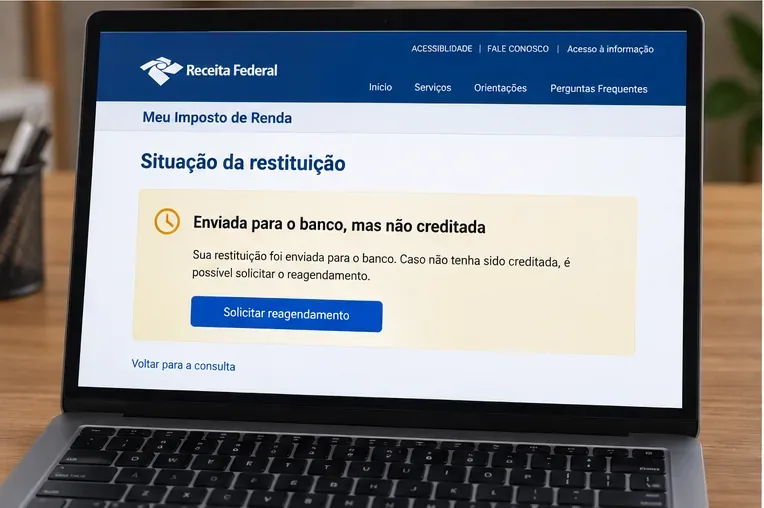 Um notebook mostra uma tela de situação da restituição com a indicação de envio ao banco sem crédito realizado.
