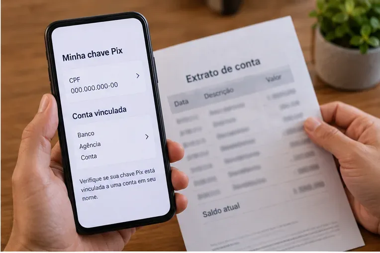 Um celular mostra uma chave Pix do tipo CPF enquanto a pessoa confere um extrato bancário.