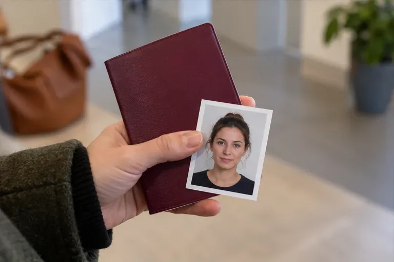 Een hand houdt een gesloten paspoort zonder leesbare gegevens en een losse kleurenpasfoto vast.