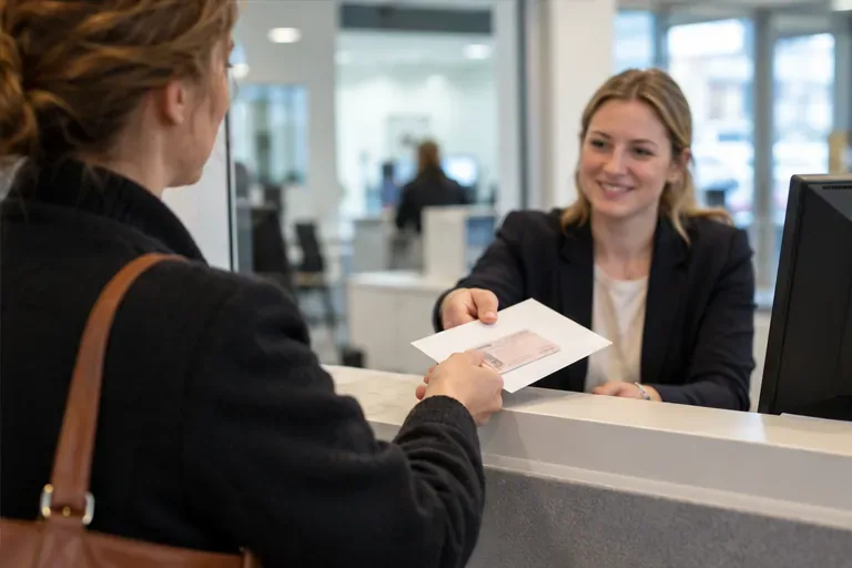 Een bezoeker en een baliemedewerker wisselen bij een gemeenteloket een envelop met een pasje uit.