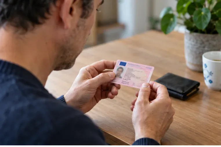 Een man bekijkt thuis de geldigheidsdatum op zijn Nederlandse rijbewijs