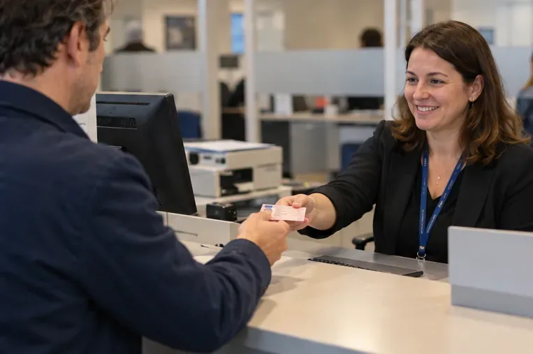 Een man overhandigt zijn oude rijbewijs aan een medewerker aan de gemeentebalie