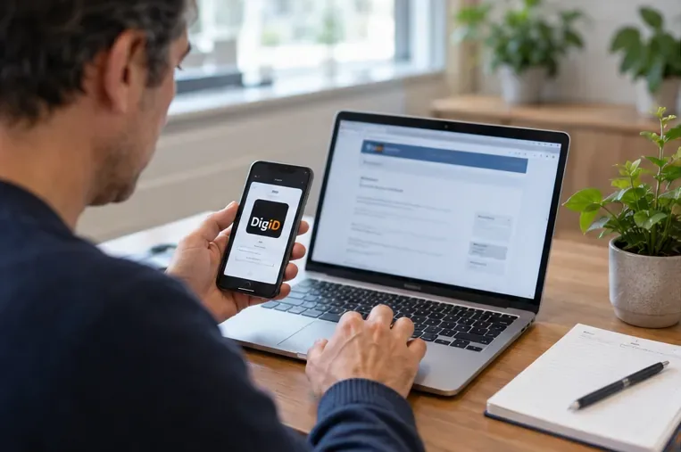 Een man gebruikt de DigiD-app op zijn telefoon naast een laptop tijdens een online overheidsaanvraag