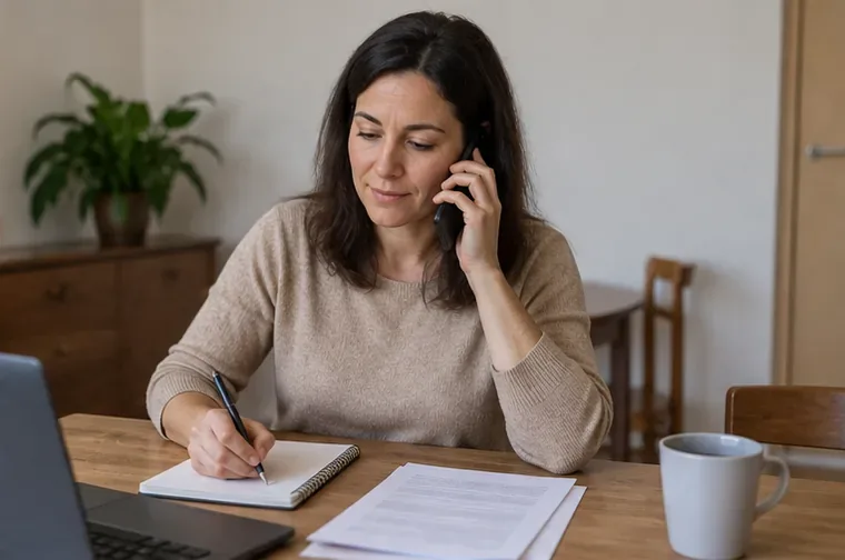 Una donna parla al telefono e scrive su un quaderno, con un documento cartaceo e un portatile sul tavolo.