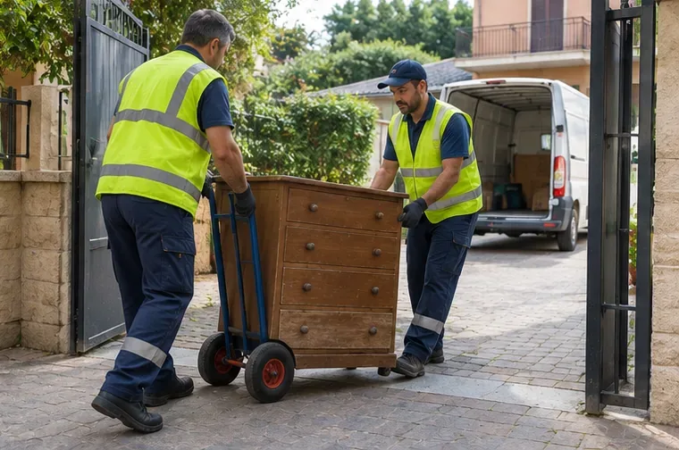 Due addetti con gilet ad alta visibilità movimentano una cassettiera su un carrello vicino a un cancello aperto e a un furgone.