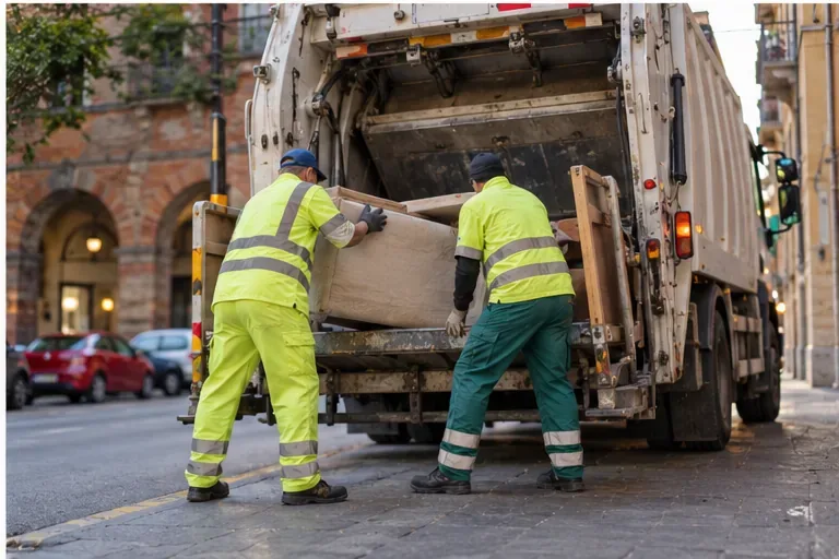 Due operatori in abbigliamento ad alta visibilità caricano un mobile ingombrante su un automezzo di raccolta