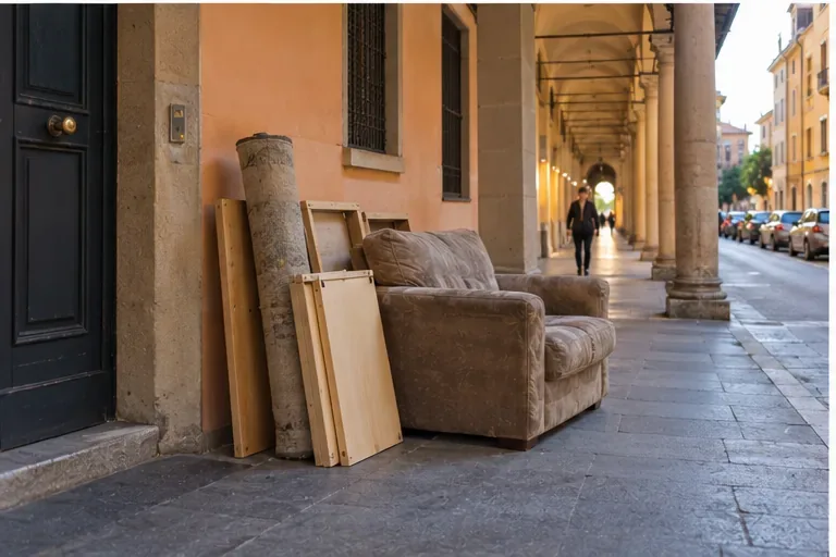 Una poltrona, pannelli di legno e un tappeto appoggiati ordinatamente sotto un portico in attesa del ritiro