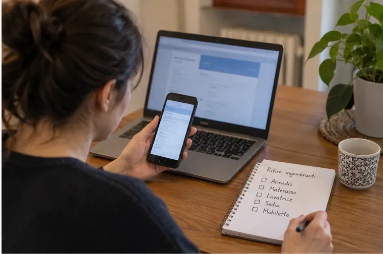 Persona che compila la prenotazione da smartphone e computer con una lista di armadio, materasso, lavatrice, sedia e mobiletto