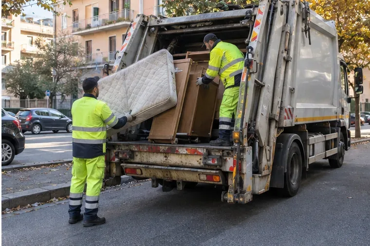 Due operatori in abbigliamento ad alta visibilità caricano un materasso e mobili smontati su un automezzo di raccolta