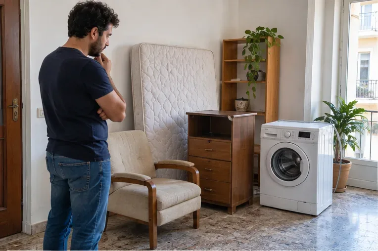 Persona in casa davanti a un materasso, una poltrona, un mobile e una lavatrice da smaltire