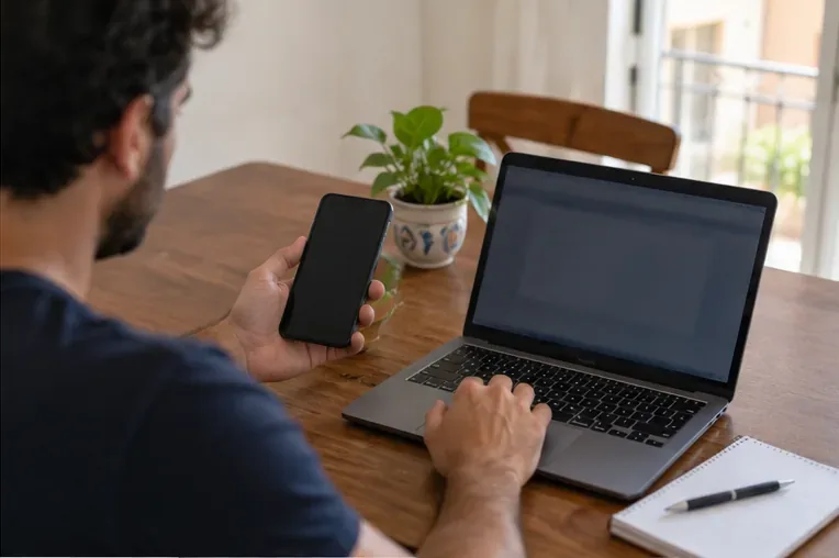 Persona seduta a un tavolo con smartphone e computer portatile durante la prenotazione del ritiro
