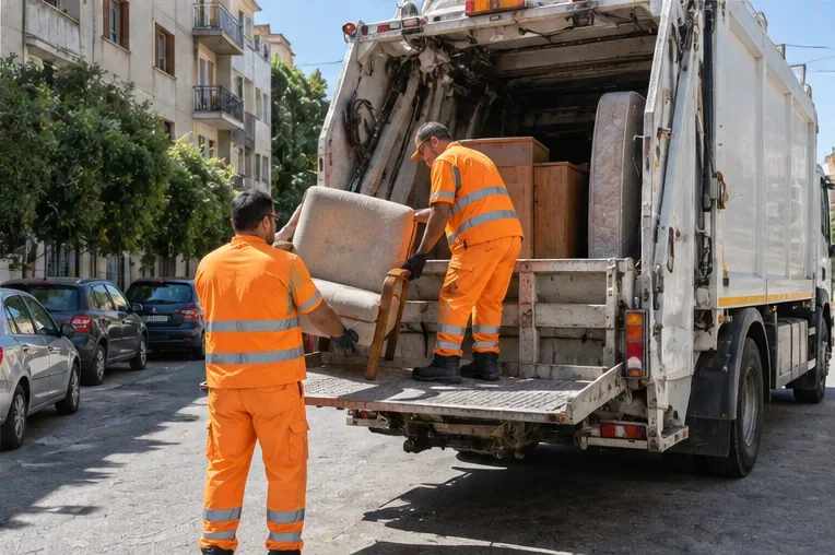 Due operatori della raccolta caricano una poltrona su un automezzo per rifiuti ingombranti
