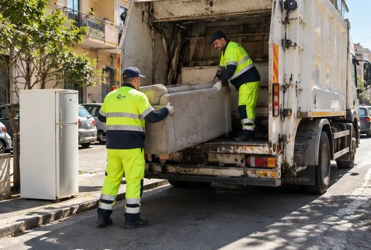 Due operatori ecologici caricano un vecchio divano su un automezzo per la raccolta dei rifiuti ingombranti