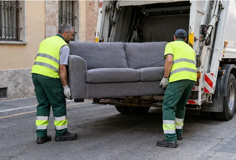 Due operatori in alta visibilità sollevano insieme un divano verso un mezzo di raccolta senza loghi.