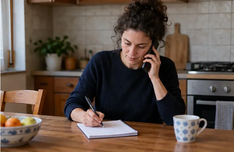 Una donna telefona mentre annota le informazioni su un foglio, prima di prenotare il ritiro.