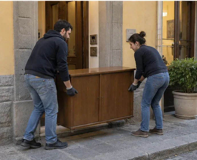 Due persone spostano un mobile pesante dall'ingresso di un'abitazione verso il punto di esposizione concordato