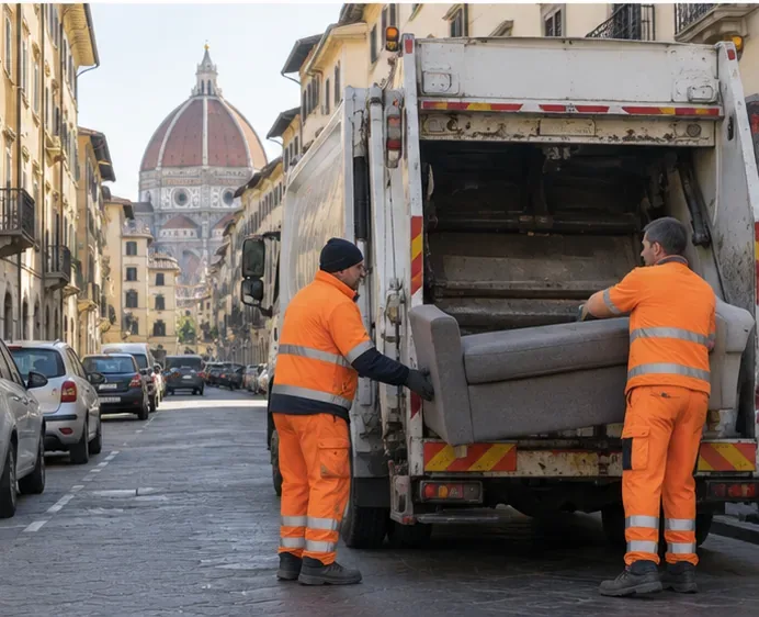 Operatori della raccolta caricano un divano su un automezzo per rifiuti ingombranti in una strada urbana