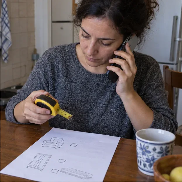 Una residente parla al telefono tenendo vicino un metro a nastro e un foglio con disegni degli oggetti