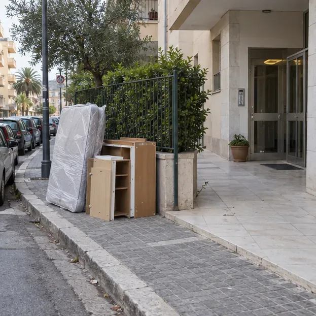 Un materasso avvolto e alcuni pannelli di mobili accostati al margine del marciapiede, con un ampio passaggio pedonale libero