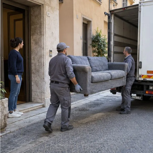 Due operatori trasportano un divano dal portone di un edificio verso un furgone, mentre una residente assiste.