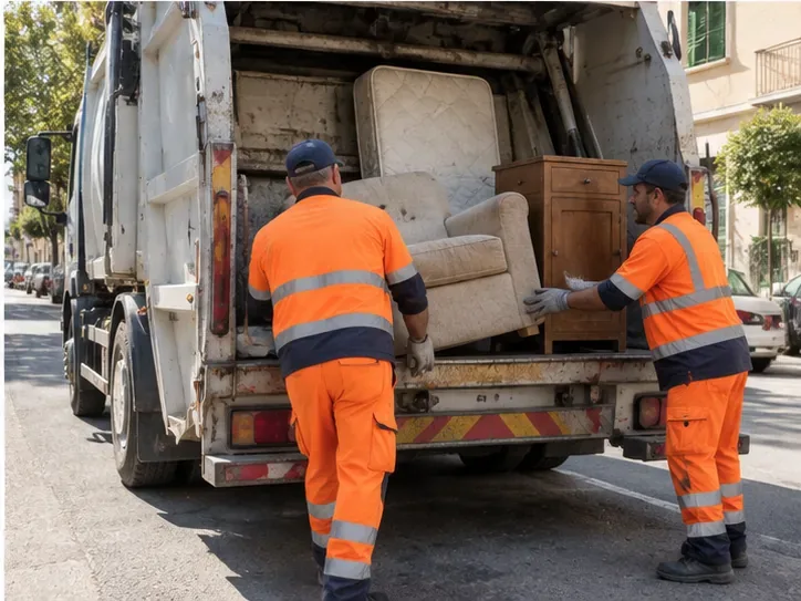 Due operatori in abbigliamento ad alta visibilità caricano una poltrona e altri ingombranti sul mezzo di raccolta