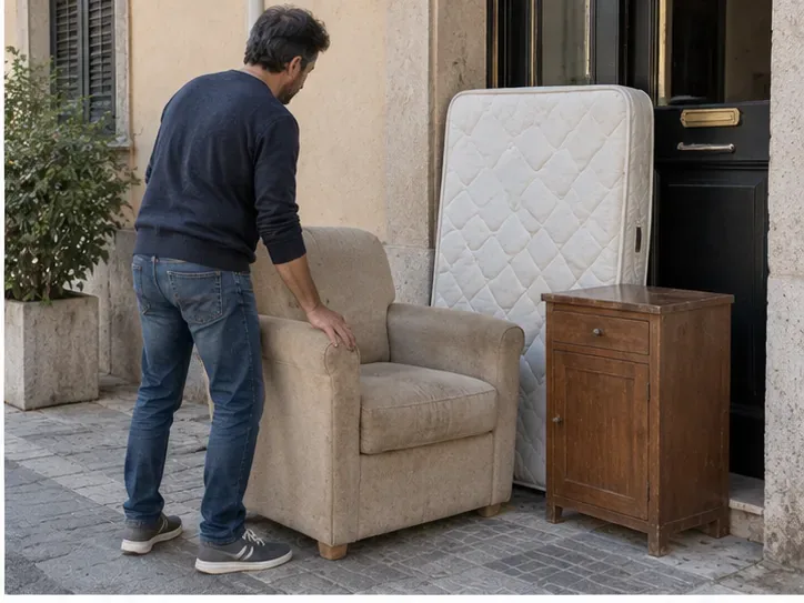 Una persona porta una poltrona, un materasso e un piccolo mobile vicino all'ingresso dell'abitazione in preparazione al ritiro