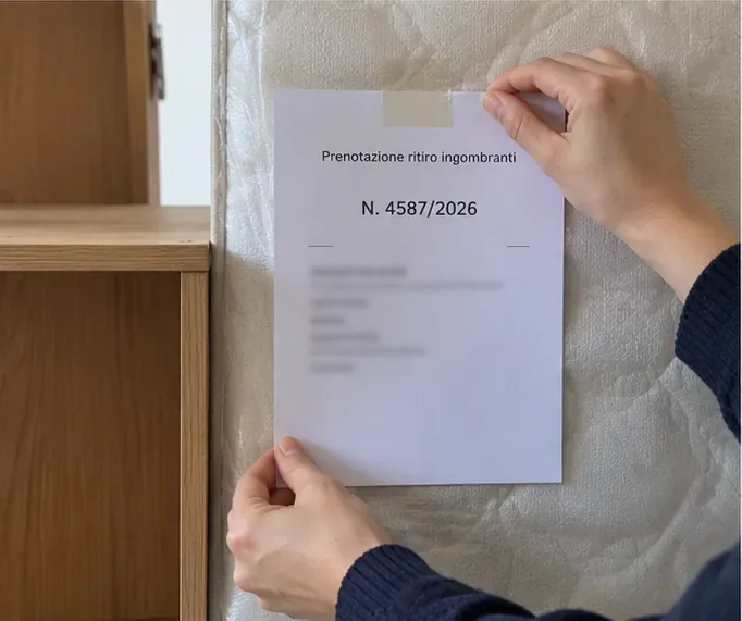 Foglio con numero di prenotazione fissato a un materasso destinato al ritiro