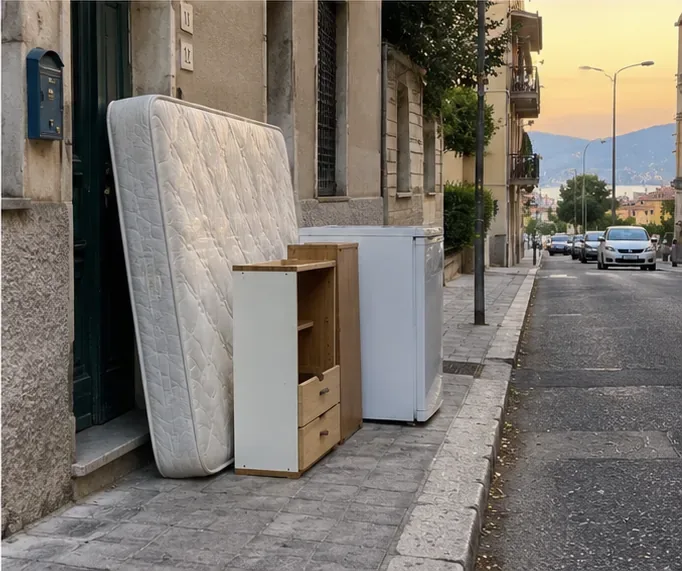 Materasso, mobile e grande elettrodomestico collocati ordinatamente vicino al portone per il ritiro