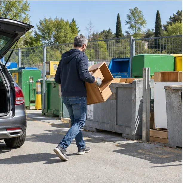 Una persona porta un mobile smontato verso contenitori separati in una stazione ecologica ordinata