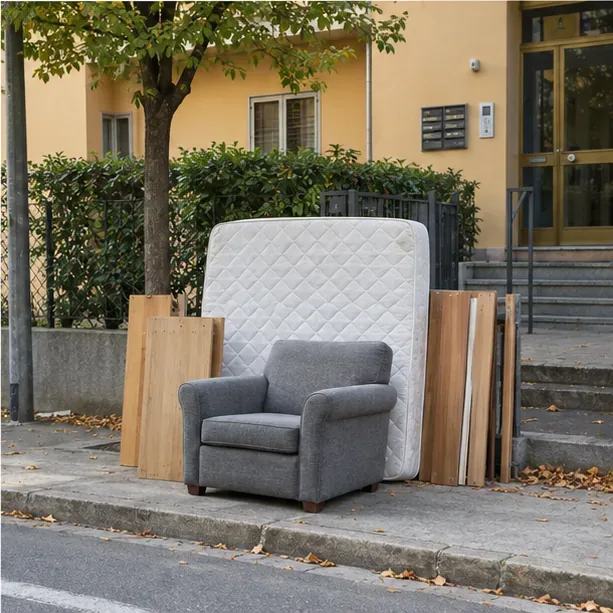 Materasso, poltrona e pannelli di legno sono disposti ordinatamente a bordo strada davanti a un edificio, lasciando libero il passaggio