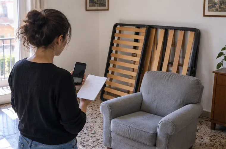 Persona che controlla una poltrona e una rete da letto prima di prenotare il ritiro degli ingombranti