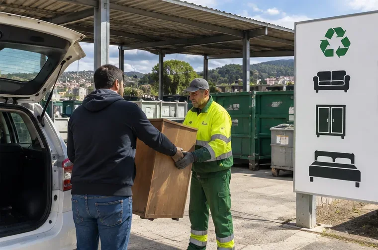 Cittadino che consegna un piccolo mobile a un operatore in un centro di raccolta