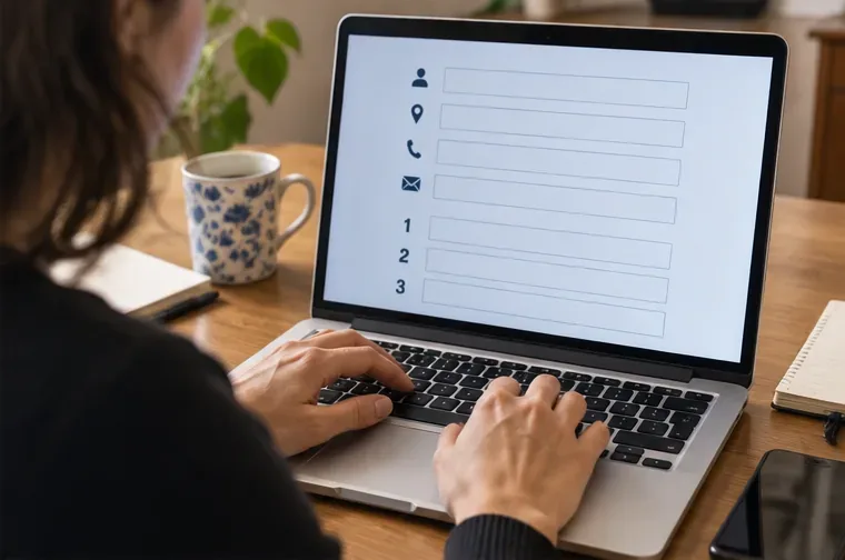 Persona che compila al computer un modulo online con campi per dati personali e tre oggetti