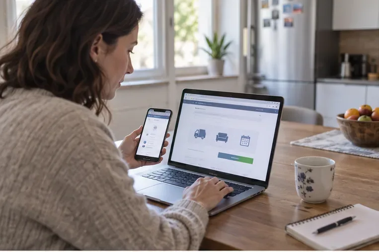 Persona che consulta su laptop e smartphone il servizio online per la raccolta dei rifiuti