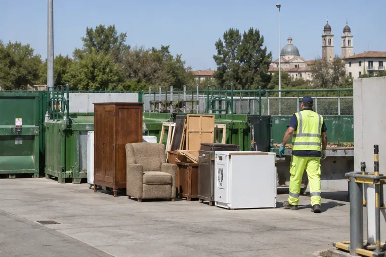 Centro di raccolta con mobili usati e un elettrodomestico separati e un operatore in gilet