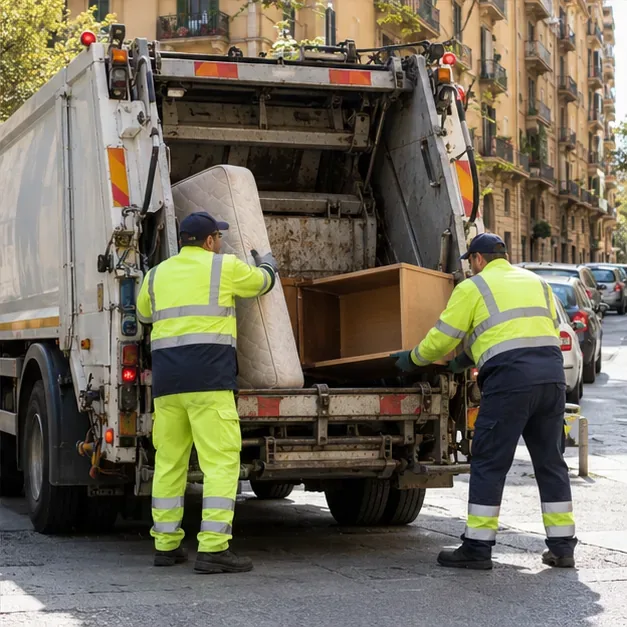 Due operatori in giubbotti ad alta visibilità caricano un materasso e un mobile su un camion per la raccolta