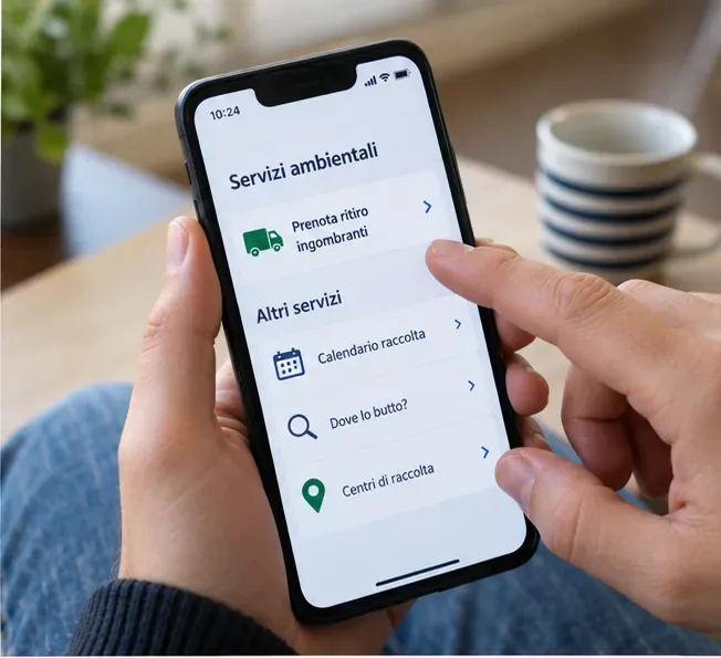 Una mano utilizza uno smartphone con una schermata di servizi ambientali e la voce per prenotare il ritiro ingombranti