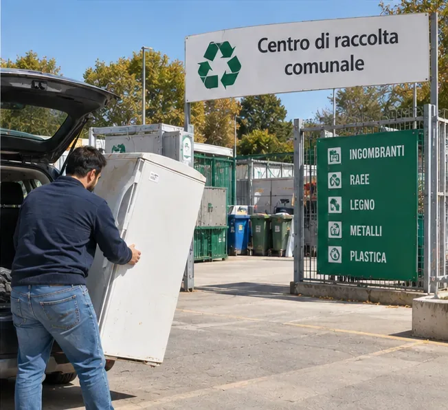 Una persona scarica un grande elettrodomestico all'ingresso di un centro di raccolta comunale