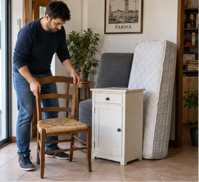 Una persona prepara una sedia, un mobile e un materasso da conferire come rifiuti ingombranti