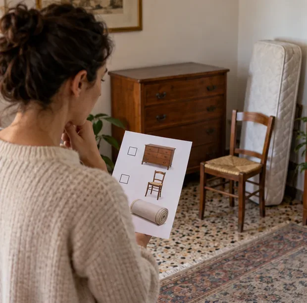 Una residente controlla un elenco di mobili e oggetti ingombranti prima di scegliere come conferirli