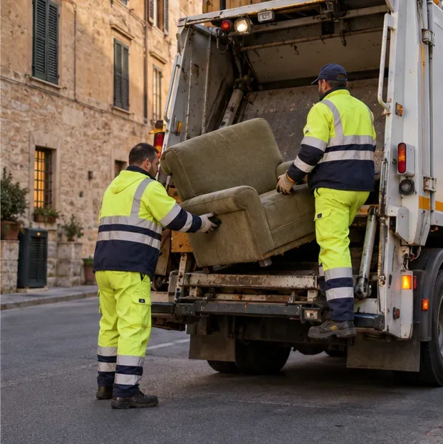Due operatori in uniforme riflettente caricano una poltrona su un camion per la raccolta