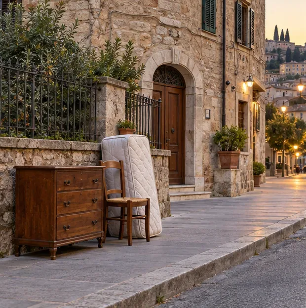 Un materasso, una sedia e un mobile sono posizionati accanto alla strada lasciando libero il passaggio pedonale