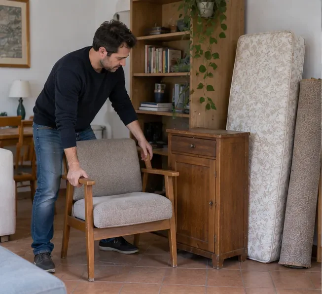 Una persona prepara in casa una poltrona, un comodino e un materasso da destinare al ritiro degli ingombranti