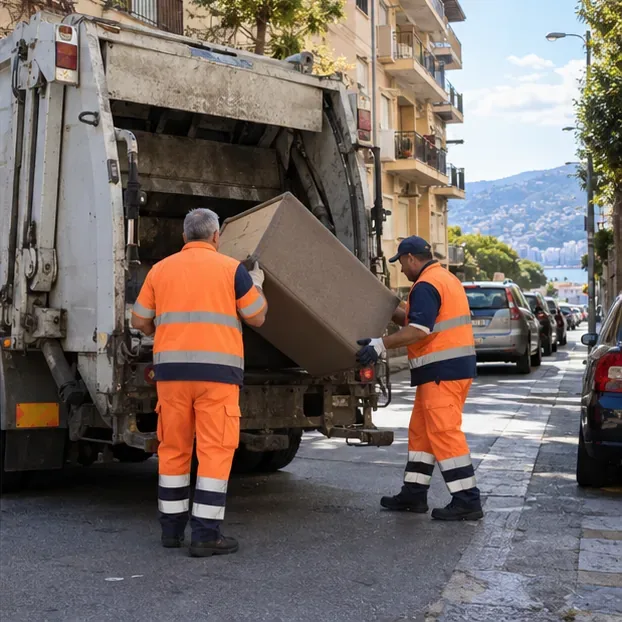 Due operatori in abbigliamento ad alta visibilità caricano un mobile voluminoso su un mezzo di raccolta in una strada residenziale