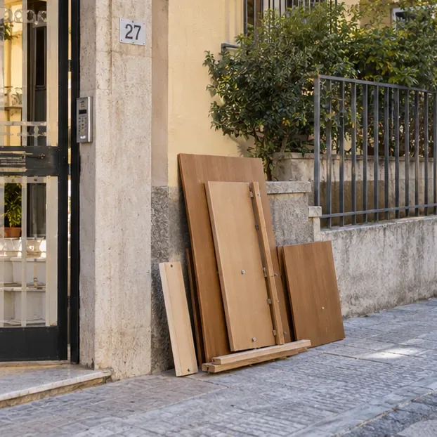 Pannelli di legno smontati sono appoggiati ordinatamente vicino all’ingresso di un edificio, senza occupare il passaggio