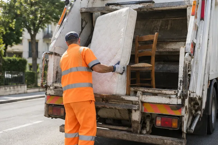 Un operatore della raccolta carica un materasso e una sedia su un automezzo per il ritiro degli ingombranti