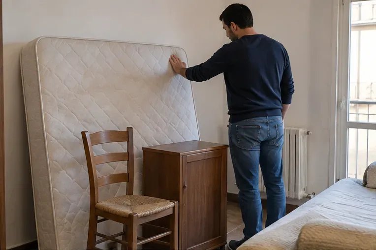 Una persona controlla un materasso, una sedia e un piccolo mobile prima di prenotare il ritiro degli ingombranti a Rimini