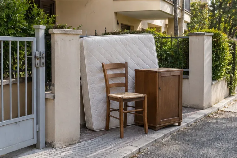 Materasso, sedia e mobile disposti insieme vicino all'accesso di un'abitazione in attesa del ritiro concordato