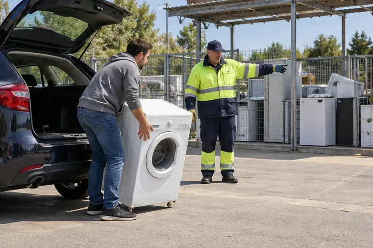 Un residente scarica una lavatrice da un’auto in un centro di raccolta mentre un addetto indica l’area di conferimento
