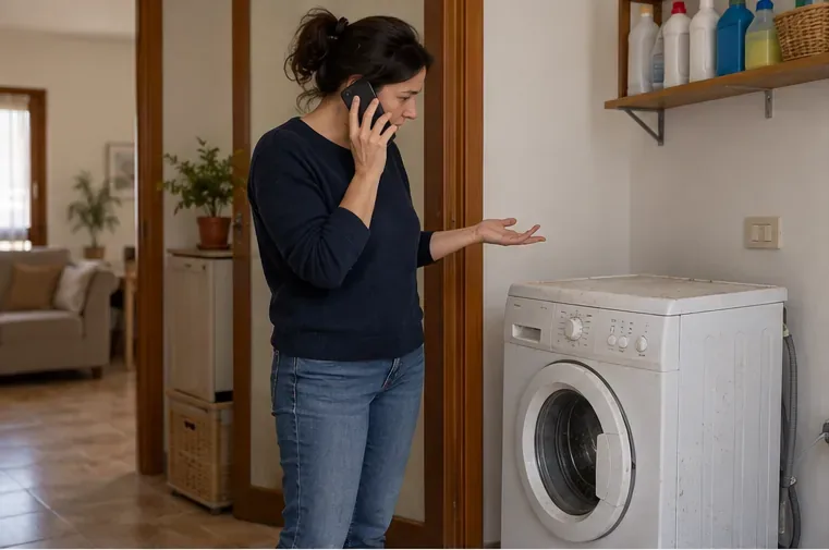 Una residente telefona accanto a una lavatrice usata per chiedere informazioni sul ritiro